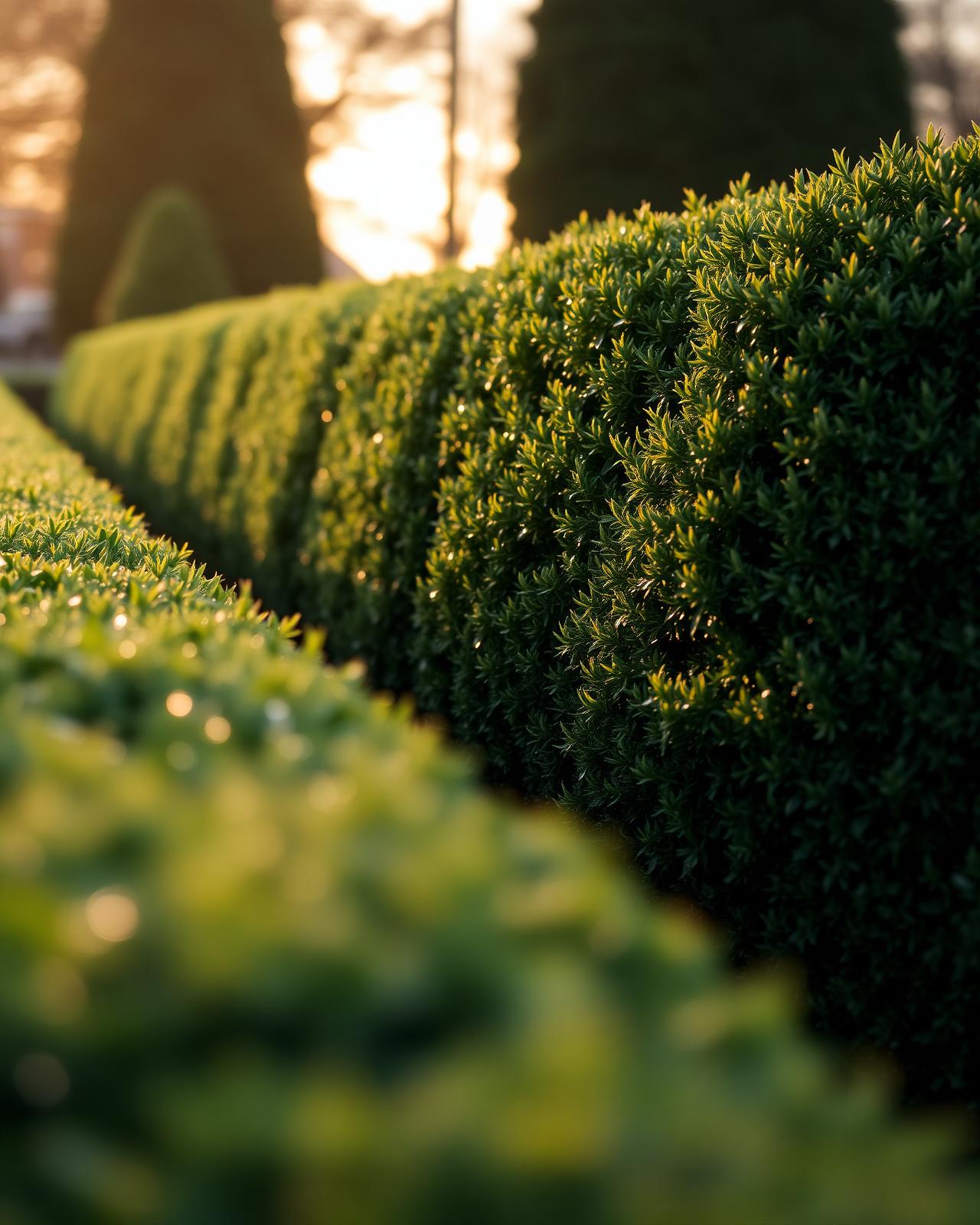 Manicured formal garden hedge at golden hour