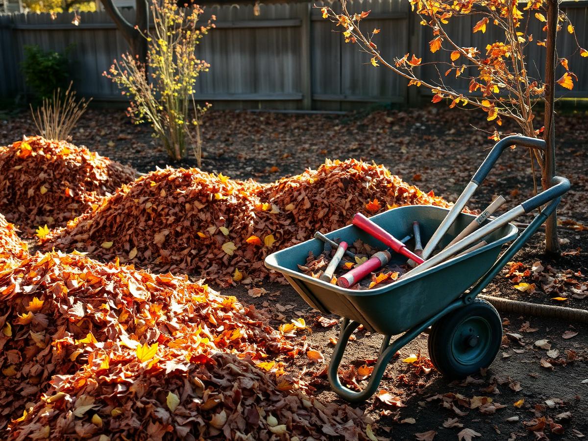 Autumn leaf cleanup with tools and wheelbarrow